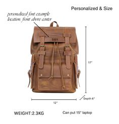 "Full Grain Leather Backpack, Leather Travel Backpack, Office Bag, School Bag, Can be personalized, Will be your best companion for school, office, and travel... Features: * Bag Size : 17\" x 12\" x 6\" inches; * Made with The first layer of cowhide; * Full Grain Leather, retro style, simple, thick and durable; * It's a great gift for friends, yourself and family. Personalization: Location: Front above center, Please refer to the picture for details. we can emboss up to 8 CAPITAL letters (includ Leather Bags For Students Back To School, Leather Bags For Students For Back To School, Leather Bag For Back To School, Leather School Bag For Back To School, Rectangular Bags For Adventure And Back To School, Rectangular Bags For Back To School Adventure, Leather Backpack For Daily Use, Back To School, Leather Rectangular Backpack For Back To School, Functional Leather Bag Gift