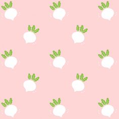 a pink background with white radishes and green leaves on it's sides