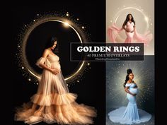 three different photos of pregnant women in gowns, with the caption golden rings