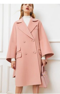 Elegant Oversized Pea Coat For Office, Pink Wool Outerwear For Office, Spring Oversized Wool Coat In Solid Color, Elegant Beige Wool Coat Solid Color, Elegant Beige Wool Coat, Pink Wool Coat For Workwear, Chic Cape Outerwear For Office, Elegant Pink Outerwear For The Office, Elegant Pink Outerwear For Office