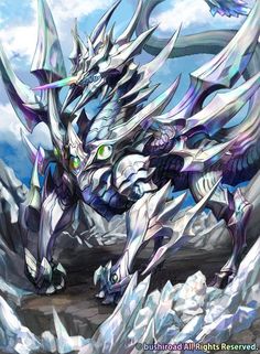 a white dragon with green eyes standing on top of snow covered ground in front of clouds