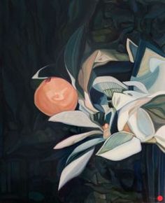 an oil painting of white flowers in a vase on a black tablecloth with red lights behind it