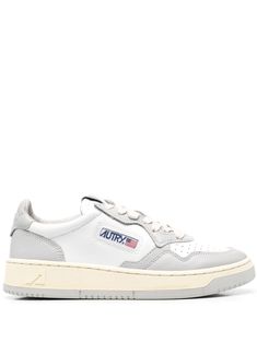 pale-grey/bright-white leather-blend front lace-up fastening round toe flat rubber sole panelled design Autry Shoes, Autry Sneakers, Wishlist 2024, Lace Up Espadrilles, Sneakers Grey, White Shoes, Lace Tops, Leather Accessories, Sneakers White