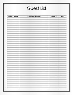 a guest list is shown in the form of a blank sheet with lines on it