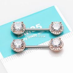 A Pair of Rose Gold Brilliant Multi-Gem Sparkle Nipple Barbell-Clear Internally Threaded Rose Gold Piercings For Wedding, Rose Gold Internally Threaded Piercings For Wedding, Transverse Lobe, Nose Hoop, Belly Rings, Rose Gold Plates, Body Jewelry, Ear Piercings, Belly Button Rings