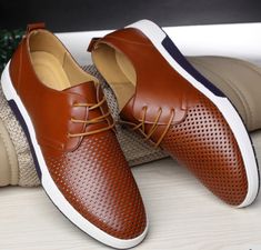 Material: Rubber, PU • Style: Lace Up Men's Shoes • Type: Casual Shoes, Basic, Lace-Up, Solid, Hollow Out Men Footwear • Material: EVA, PU Casual Brown Lace-up Dress Shoes, Brown Leather Dress Shoes For Summer, Brown Casual Summer Dress Shoes, Summer Brown Leather Dress Shoes, Casual Brown Leather Shoes With Perforations, Brown Low-top Shoes For Business Casual, Brown Leather Shoes With Perforations And Round Toe, Brown Low-top Leather Shoes For Summer, Brown Round Toe Dress Shoes For Summer