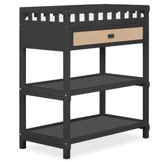 a black bunk bed with two drawers on the bottom and one drawer open to reveal an additional shelf