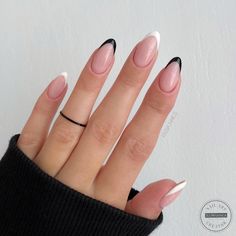 White French Nails Short, Black And White French Nails, French Nails Short, French Manicure Ideas, Black French Manicure, Black And White French, White Almond Nails, Black Almond Nails, White French Nails