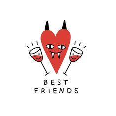 two glasses of wine with the words best friends written on them and an evil devil's head in the middle