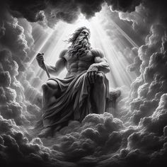 the god is sitting in the clouds with his staff