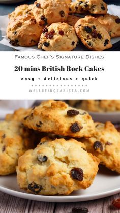 some cookies are on a white plate with the words, faou's signature dishes 20 mins british rock cakes easy - delicious and quick