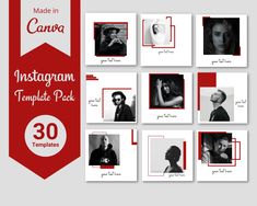 the instagram template pack for photographers is shown in red, white and black colors