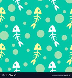 an abstract pattern with yellow and white fishbones on a green polka dot background