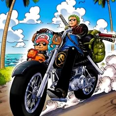 two people riding on the back of a motorcycle with palm trees in the background and clouds behind them