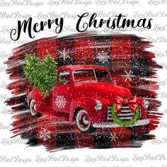 an old red truck with a christmas tree in the back and snow flakes on it