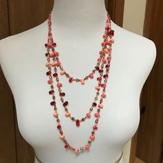 Red, Pink, Peachy Stones Necklace. Never Worn Summer Red Necklaces With Colorful Beads, Summer Red Necklace With Colorful Beads, Red Summer Necklaces, Elegant Red Necklace For Summer, Stones Necklace, Multi Strand Necklace, Strand Necklace, Multi Strand, Stone Necklace