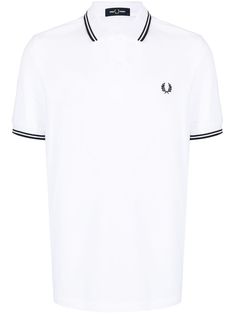 White cotton logo-print polo shirt from FRED PERRY featuring embroidered logo at the chest, stripe trim, polo collar and short sleeves. Classic Polo Shirt With Contrast Collar For Summer, Classic Top With Collared Neckline And Embroidered Logo, Classic White Polo Shirt With Ribbed Collar, Classic Short Sleeve Shirt With Contrast Collar, Classic Top With Embroidered Logo And Collared Neckline, Classic Tops With Embroidered Logo For Summer, Classic Summer Tops With Embroidered Logo, Classic White Collared Polo Shirt, Classic White Collared Shirt