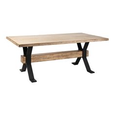 a wooden table with metal legs and a bench underneath it, against a white background