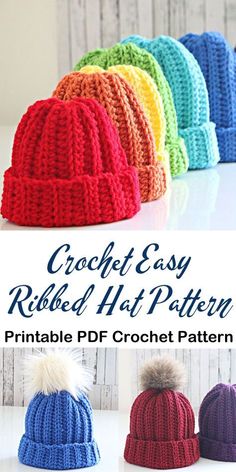 crochet easy ribbed hat pattern with pom - pom in multiple colors