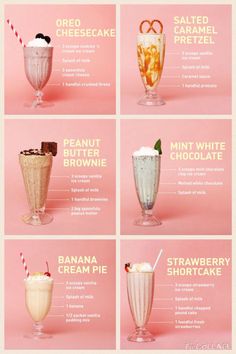 four different types of milkshakes on a pink background