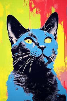 a painting of a black cat with yellow eyes on a multi - colored background is shown