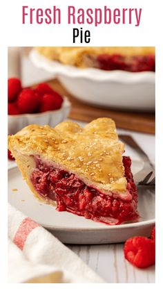 fresh raspberry pie on a white plate with berries in the background and text overlay