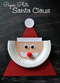 paper plate santa claus craft on a blackboard with the words paper plate santa claus