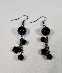 Dangle Earrings Starry Night with Black Stars and Black Starry Sky Beads are just over 2.25 inches long. These fanciful earrings are so cute! I picked up the precious little stars from a friend's broken necklace and added the starry sky beads, which were purchased new. Black Star Charm Earrings, Handmade Black Star-shaped Earrings, Black Star-shaped Earrings For Party, Black Star Shaped Earrings As Gift, Black Star-shaped Earrings For Pierced Ears, Black Starry Sky, Beaded Earrings Diy, Black Stars, Earrings Diy