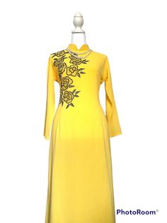 Pre made Brand new and high - quality Vietnamese Áo dài for women's .well made with high quality and can stretch (ao dài nhung Nhám ) This áo dài is made based on Vietnamese size and small than American.please considering get one size up if you measurements between 2 size I recommend getting a bigger size  PLEASE LOOK AT THE CHART SIZE CAREFULLY BEFORE YOU ORDERING.  SHOP POLICY : SHOP UNFORTUNATELY CAN NOT ACCEPT RETURN OR CANCELLATION , EXCHANGE ,WE MEASUREMENTS CHART SIZE YOU ORDER THANK YOU Chúng tôi không nhận hàng lại hoặc đổi hàng khác xin quy khach xem bang do size của quý khách trước khi đặt mua. Xin cảm ơn! Please let us know if you need more information Thank you for supporting small shop . Summer Traditional Ao Dai For Parties, Traditional Ao Dai For Summer Party, Summer Party Traditional Ao Dai, Traditional Georgette Maxi Dress, Fitted Traditional Maxi Dress, Traditional Ao Dai For Spring Party, Spring Party Traditional Ao Dai, Traditional Summer Festive Ao Dai, Traditional Fitted Ao Dai For Summer