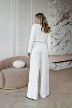 Alexa White Crop Jacket Suit 2-Piece – ELAGIA White Crop Jacket, Wedding Suits For Bride, White Cropped Jacket, 70s Inspired Fashion, Cropped Coat, Jacket Suit, Wedding Blouse, White Crop, Suits Coats