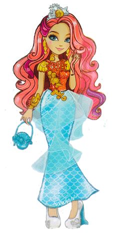 a drawing of a girl with pink hair holding a blue purse and wearing a tiara