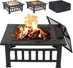 an outdoor fire pit with four different types of grills on the top and sides