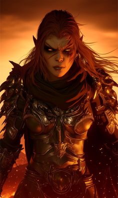 a woman with long hair wearing armor and standing in front of an orange sky