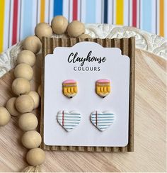 Back To School Clay Stud Set - Notebook/Pencils-Earrings-Dear Me Southern Boutique, located in DeRidder, Louisiana Polymer Clay Brooch, Shipping Packages, Stud Set, Handmade Polymer Clay, Small Batches, Earring Backs, Buses, Polymer Clay Earrings, Clay Earrings