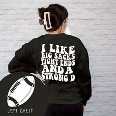 Get ready to dominate game day with our trendy Tight Ends & Big Sacks design! Designed for fans of strong defenses, this sweatshirt showcases the tight end and big sack positions. Cheer on your team in style and stay warm with our one-of-a-kind sweatshirt. 8 oz./yd² (US) 13.3 oz./L yd (CA), 50/50 cotton/polyester, 20 singles Classic Fit Air jet yarn for softer feel and reduced pilling Double-needle stitching at shoulders, armholes, neck, waistband and cuffs 1x1 rib with spandex for enhanced stre Collegiate Black Sweatshirt For Football Season, Casual Black Sweatshirt For Football Season, Black Team Spirit Sweatshirt For Fall, Black Tops For Game Day, Black Football Season Sweatshirt With Team Name, Team Spirit Sports T-shirt For Fall, Black Sweatshirt With Team Name For Football Season, Black Sweatshirt With Football Team Name, Black Tops For Game Day During Football Season