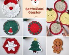 crocheted christmas coasters with santa claus's face and other holiday decorations