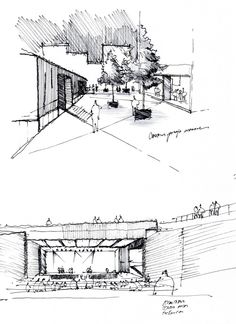 two drawings of an outdoor area with trees and people