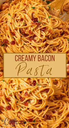 a collage of creamy bacon pasta in a red cream sauce with crispy bacon on top. Creamy Bacon Pasta, Bacon Pasta Recipes, Bacon Dishes, Tomato Cream Sauce, Easy Pasta Dinner, Bacon Pasta, Ground Beef Recipes For Dinner