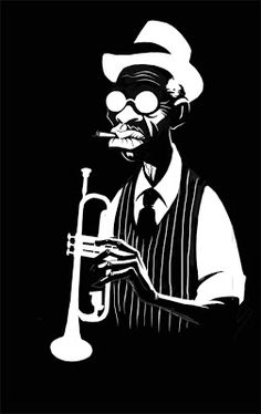 a black and white drawing of a man playing a trumpet in front of a dark background