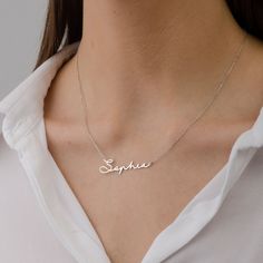 "♥Signature Name Necklace in Sterling Silver Gold Plated, Dainty Nameplate Necklace Unique Minimalist ♥ * Material: High Quality Solid 925 Sterling Silver * Finish: Sterling Silver ∙ 18K Gold ∙ Rose Gold * All our jewelry is made by hand with Love STERLING SILVER 925 ♥ We use real Sterling Silver 925 ♥ ♥ How to customize Order? ♥ 1) Select Color 2) Select Chain length 3) Click \"Add to Cart\" 3) Will need work name or letters write to the text box (like: Alis ♥ Laura -S♥G ) 4) Checkout 5) Comple Silver Necklace With Name, Cursive Name Necklace, Custom Silver Necklaces, Silver Chain For Women Unique, Simple Necklace Designs, Silver Name Necklace, Name Necklace Silver, Handwriting Necklace, Sterling Silver Name Necklace