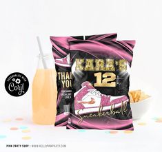 there is a bag of chips and a drink next to the bag that says thank you 12