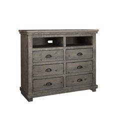 an old wooden dresser with drawers and doors on the bottom shelf, against a white background