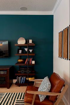 Green accent Wall with textured rug and wood wall panels Accent Wall Dark Blue, Jewel Tone Basement, Color Block Walls Paint Ideas, Jewel Tone Accent Wall, Teal Accent Wall Living Room, Dark Teal Accent Wall, Dark Blue Office Walls, Accent Walls In Living Room Ideas Paint, Accent Wall Office