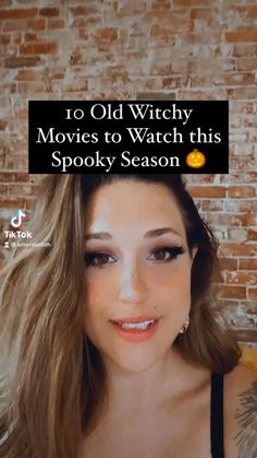 a woman with long brown hair and black bra smiling at the camera text reads, 10 old witch movies to watch this spooky season