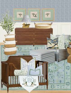 a baby's room with blue and green decor