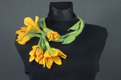 "Large yellow flower necklace - lariat / wrap necklace. Unique felted necklace handcrafted using a delicate merino wool, shapes like a long light green stem with large yellow flowers at both ends. You can wrap it around your neck several times or wrap it once and let it fall free until your waist. Perfect for special occasions, when you want to stand out and feel exceptional. Length of necklace: 148 cm / 58.26\" Single rope. It is a 100% handmade, unique item, but if you like the design, contact Elegant Yellow Necklace For Spring, Yellow Flower Necklaces For Jewelry Making, Handmade Unique Jewelry For Spring, Handmade Yellow Necklace For Spring, Handmade Unique Lariat Necklace For Gift, Handmade Unique Lariat Necklace As A Gift, Unique Handmade Lariat Necklace For Gift, Handmade Flower Necklace For Spring, Handmade Necklaces As Spring Gifts