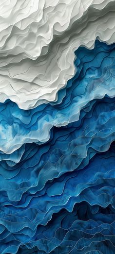 an abstract blue and white painting with wavy lines on the bottom half of each wave