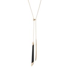 Reversible Necklace 18.5" L With 3" Extender Lucite Spear Is 3" Long By 0.5" 10k Gold Metal Made In Usa Black Lucite Adjustable Long Necklace For Formal Occasions, Luxury Lariat Necklace With Adjustable Chain For Evening, Chic Lariat Necklaces For Evening, Luxury Evening Lariat Necklace With Adjustable Chain, Long Lariat Necklace For Evening, Chic Lariat Necklace For Evening, Evening Long Lariat Necklace, Chic Formal Lariat Necklace, Elegant Black Lariat Long Necklace