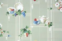 a wallpaper with flowers and teapots on it