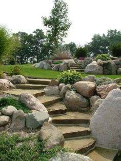 there is a rock garden with steps leading up to the grass and trees in the background